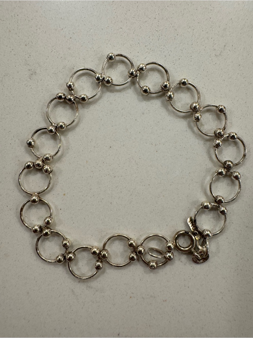 Vintage 925 Sterling Silver Open Circle Beaded Link Bracelet - Silver